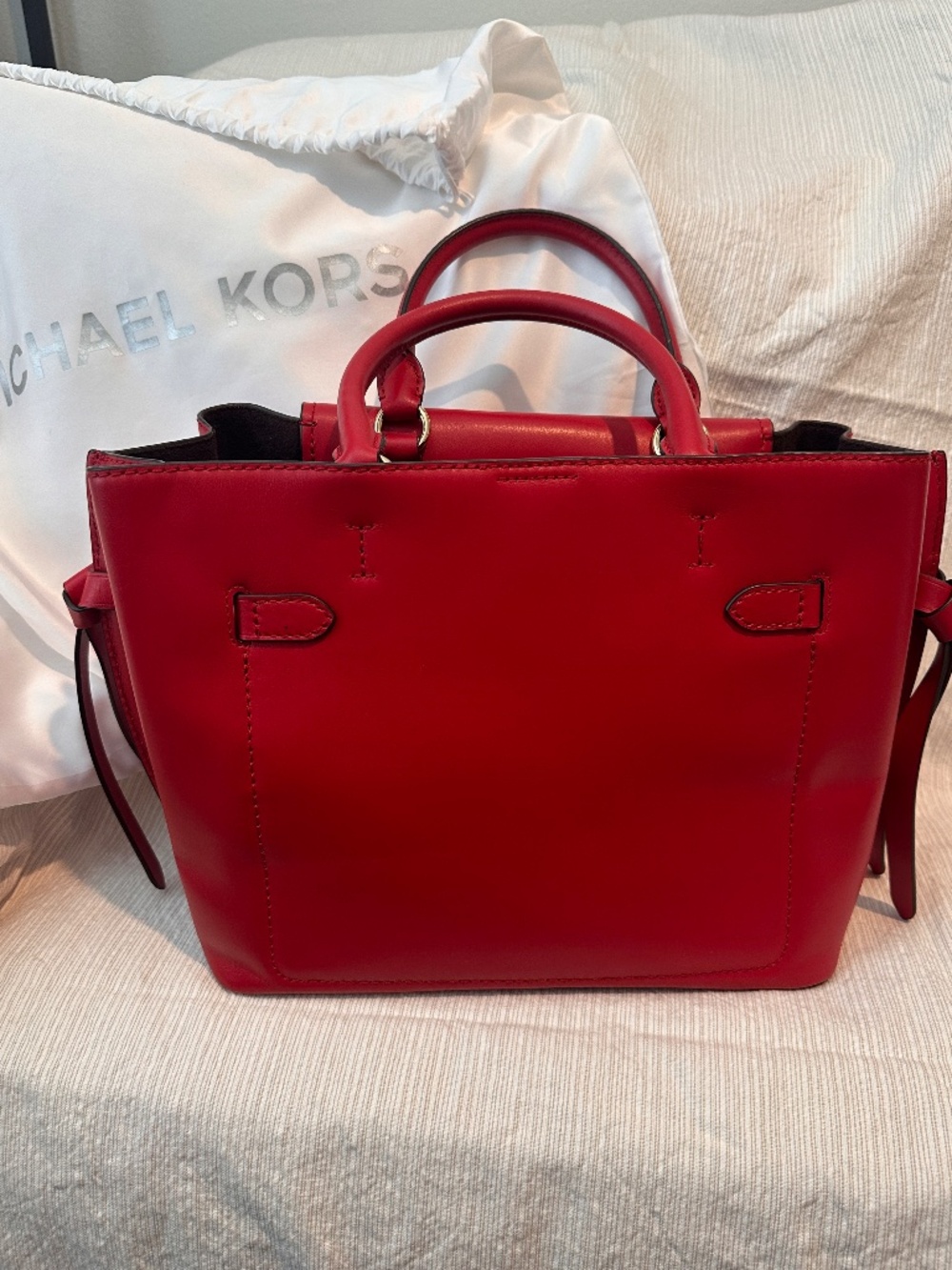 Michael Kors Hamilton Legacy Large Leather Satchel Tote Red Gold Lock Crossbody - Picture 3 of 6